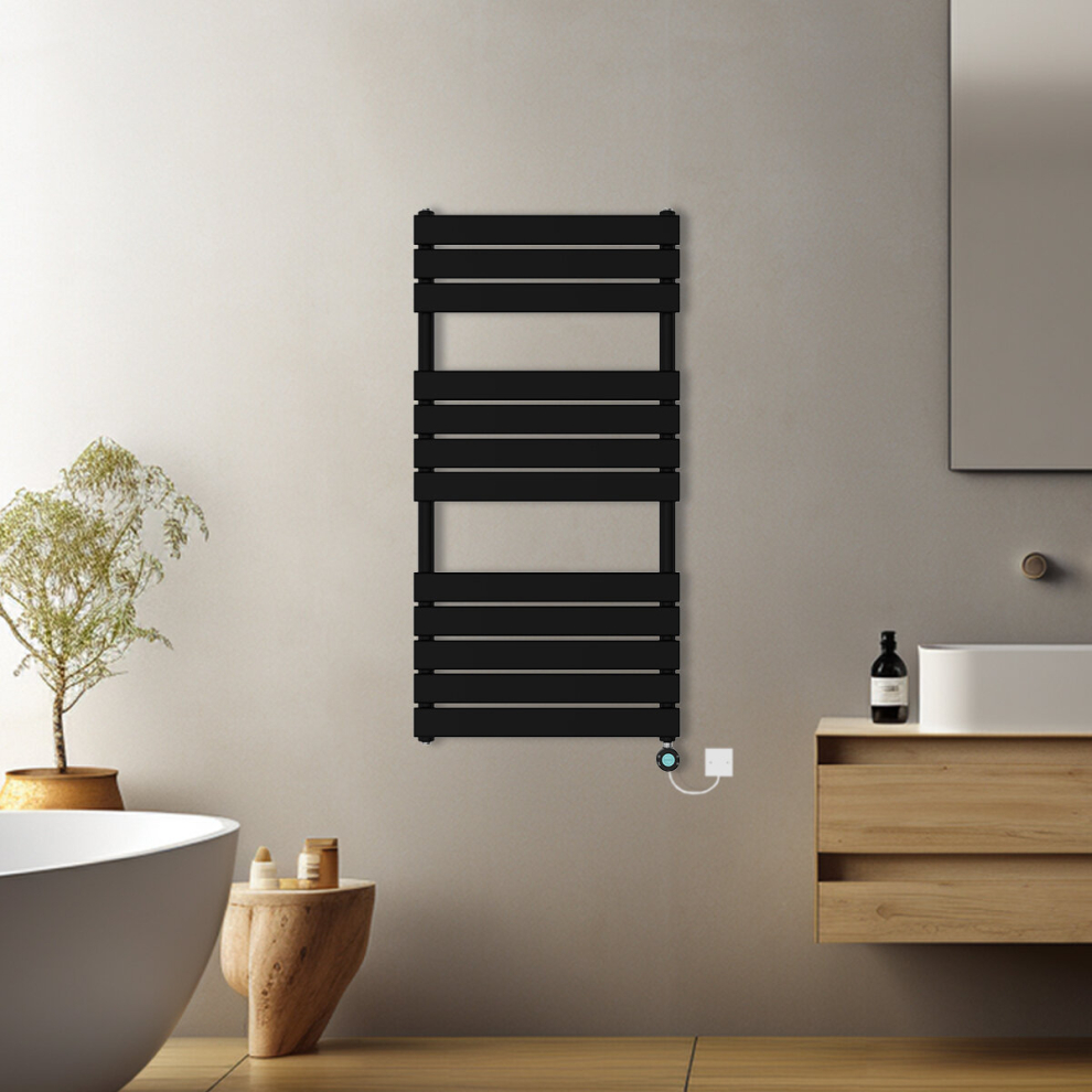 (Black, 1200x600mm) Pre-filled Electric Heated Towel Rail Radiator Flat Panel Thermostatic