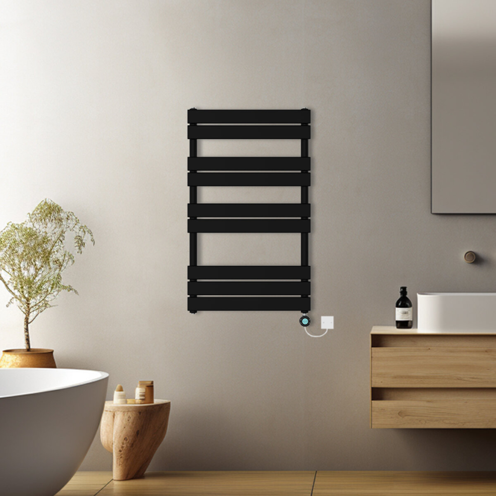 (Black, 1000x600mm) Pre-filled Electric Heated Towel Rail Radiator Flat Panel Thermostatic