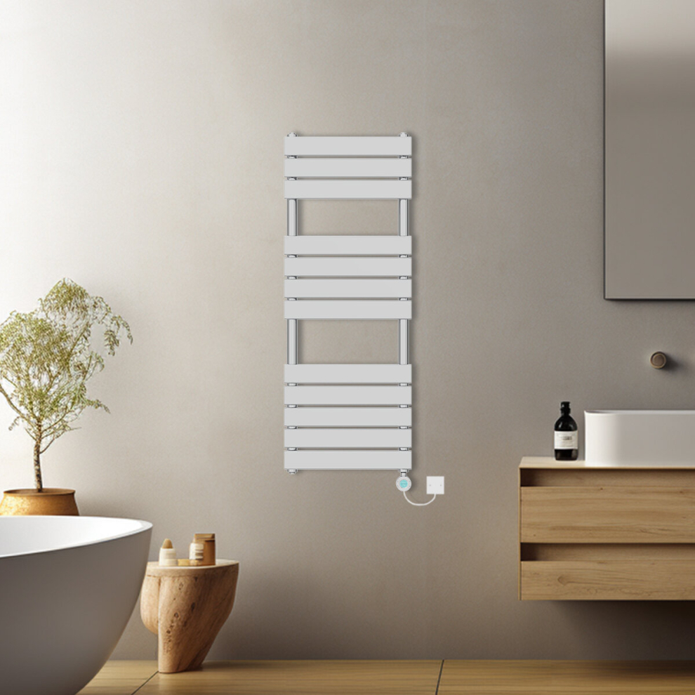 (Chrome, 1200x450mm) Pre-filled Electric Heated Towel Rail Radiator Flat Panel Thermostatic