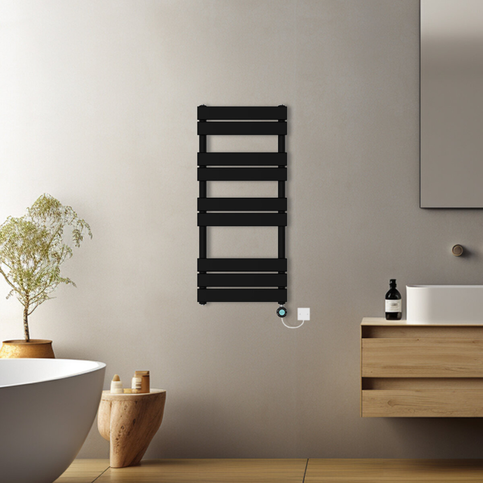 (Black, 1000x450mm) Pre-filled Electric Heated Towel Rail Radiator Flat Panel Thermostatic