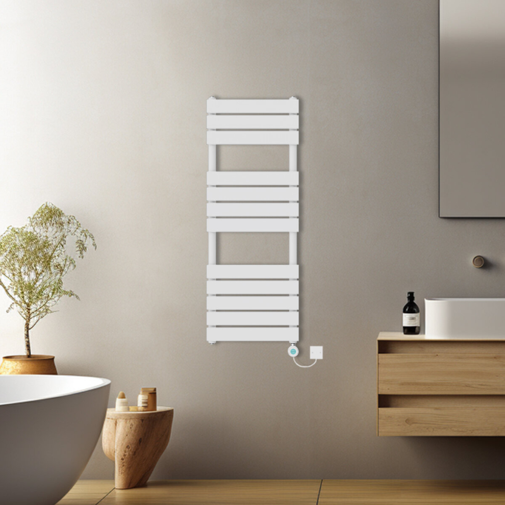 (White, 1200x450mm) Pre-filled Electric Heated Towel Rail Radiator Flat Panel Thermostatic