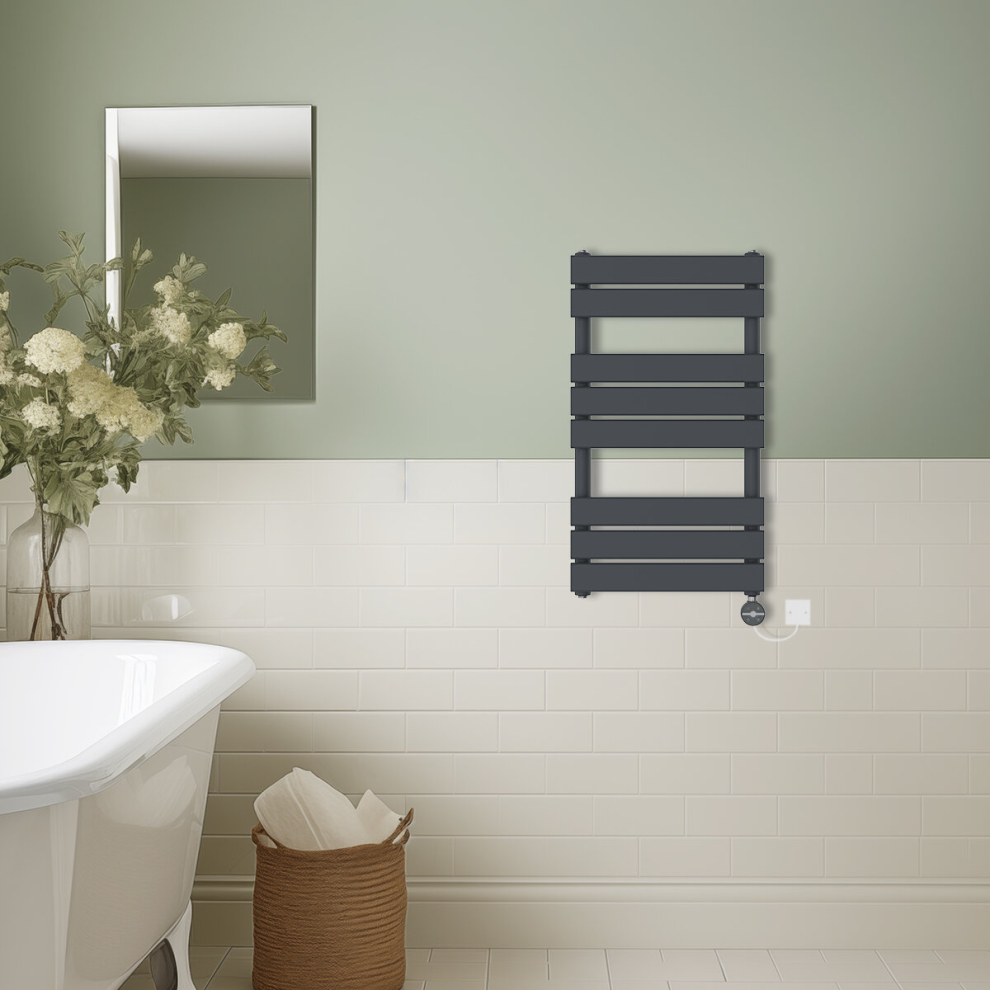 (Anthracite, 800X450mm) Prefilled Thermostatic Electric Flat Panel Heated Towel Rail Ladder Warmer Radiator 5063123351980