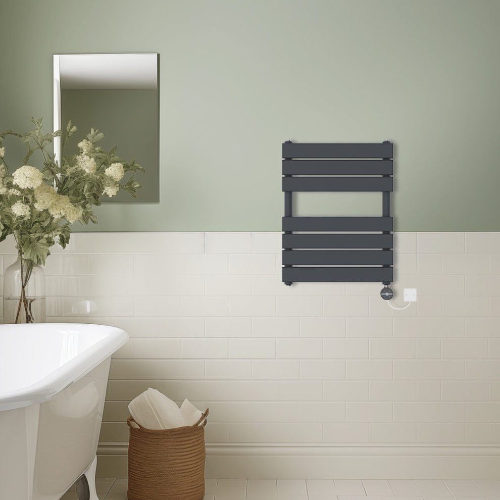 (Anthracite, 650x500mm) Prefilled Thermostatic Electric Flat Panel Heated Towel Rail Ladder Warmer Radiator