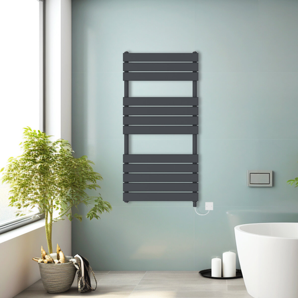 (Anthracite, 1200x600mm) Prefilled Electric Heated Towel Rail Radiator Flat Panel Warmer Ladder