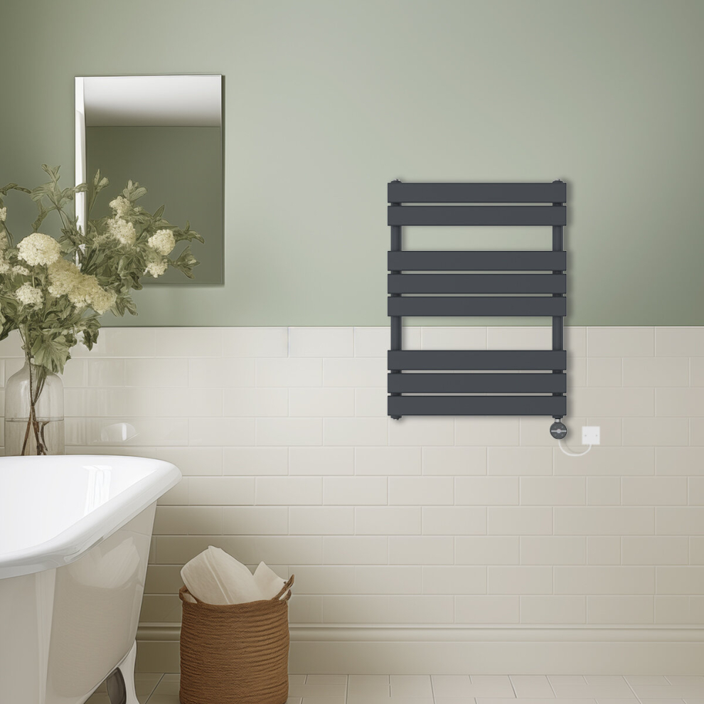 (Anthracite, 800x600mm) Prefilled Thermostatic Electric Flat Panel Heated Towel Rail Ladder Warmer Radiator