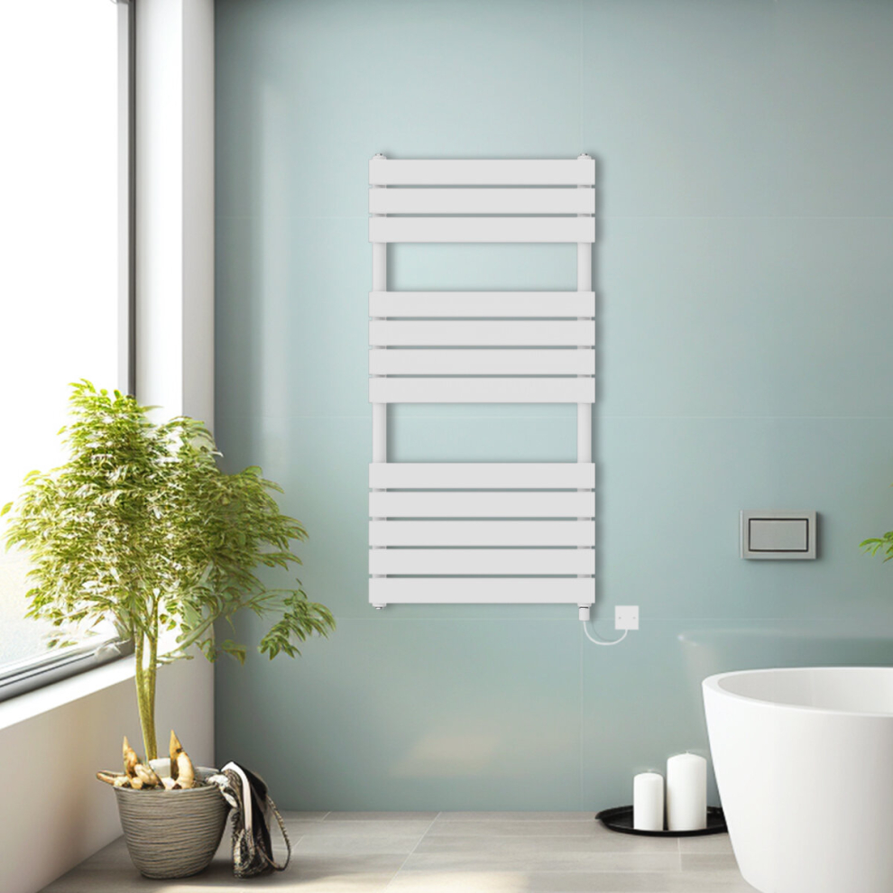 (White, 1200x600mm) Prefilled Electric Heated Towel Rail Radiator Flat Panel Warmer Ladder