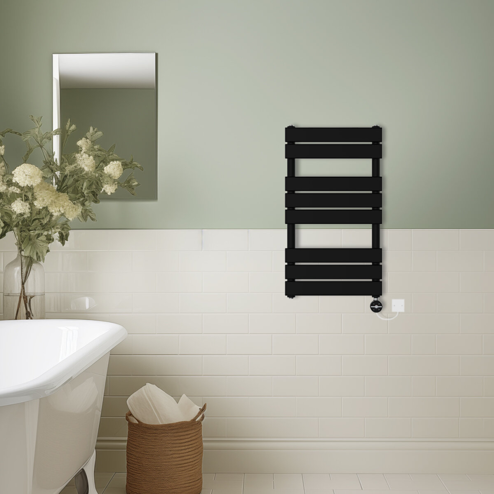 (Black, 800X450mm) Prefilled Thermostatic Electric Flat Panel Heated Towel Rail Ladder Warmer Radiator 5063123354028