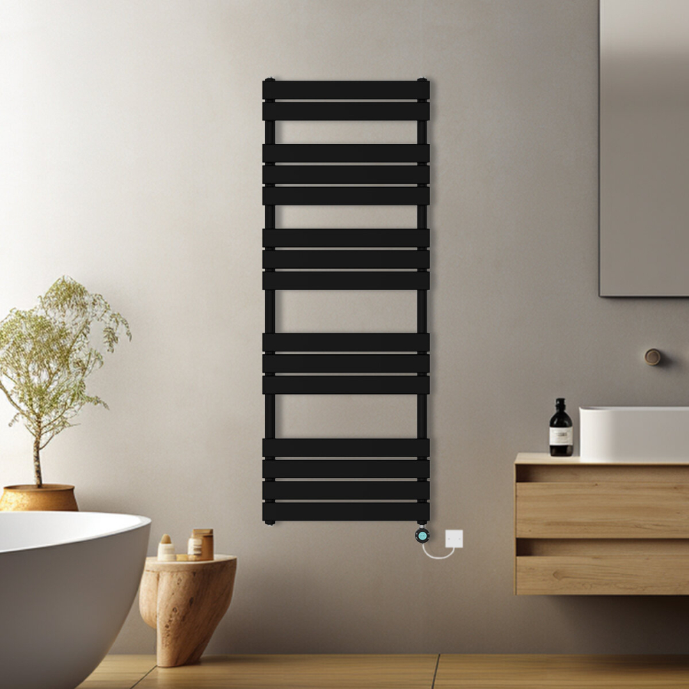 (Black, 1600x600mm) Pre-filled Electric Heated Towel Rail Radiator Flat Panel Thermostatic