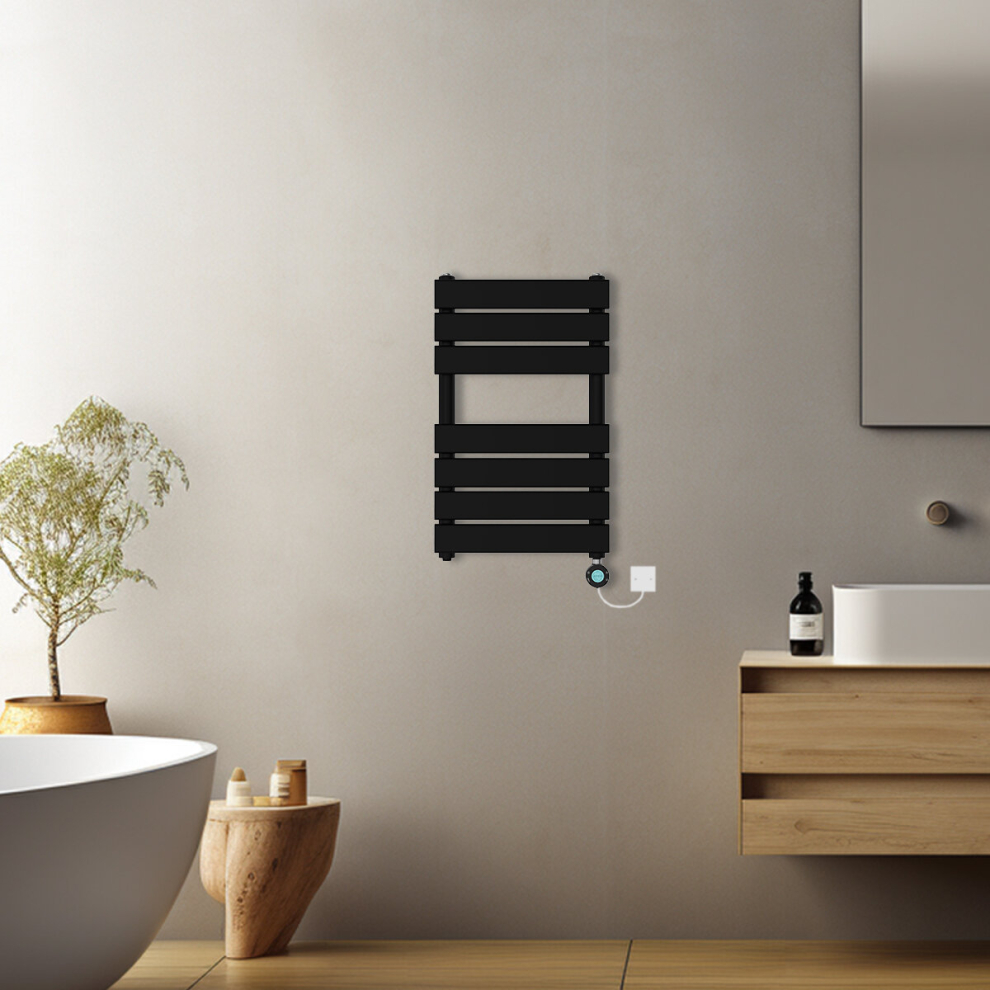 (Black, 650x400mm) Pre-filled Electric Heated Towel Rail Radiator Flat Panel Thermostatic