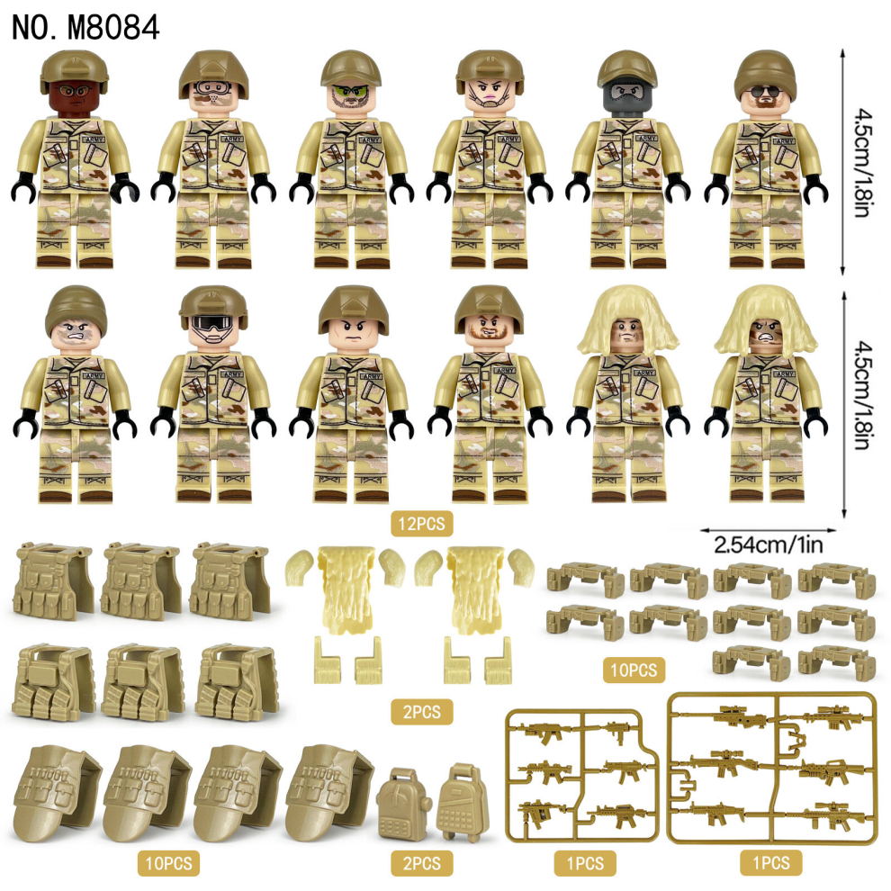 (Style A 12pcs) Small particle military building blocks for desert soldier color special team toys