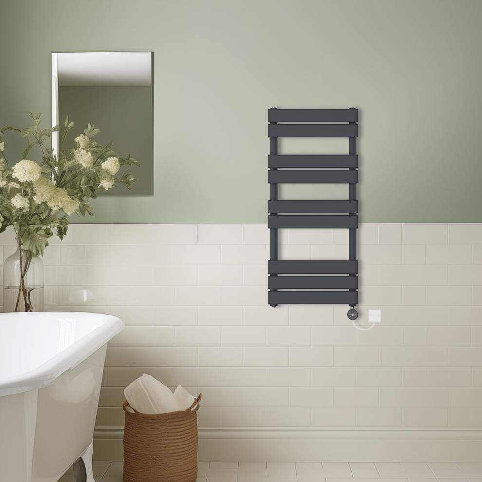 (Anthracite, 1000x450mm) Prefilled Thermostatic Electric Flat Panel Heated Towel Rail Ladder Warmer Radiator