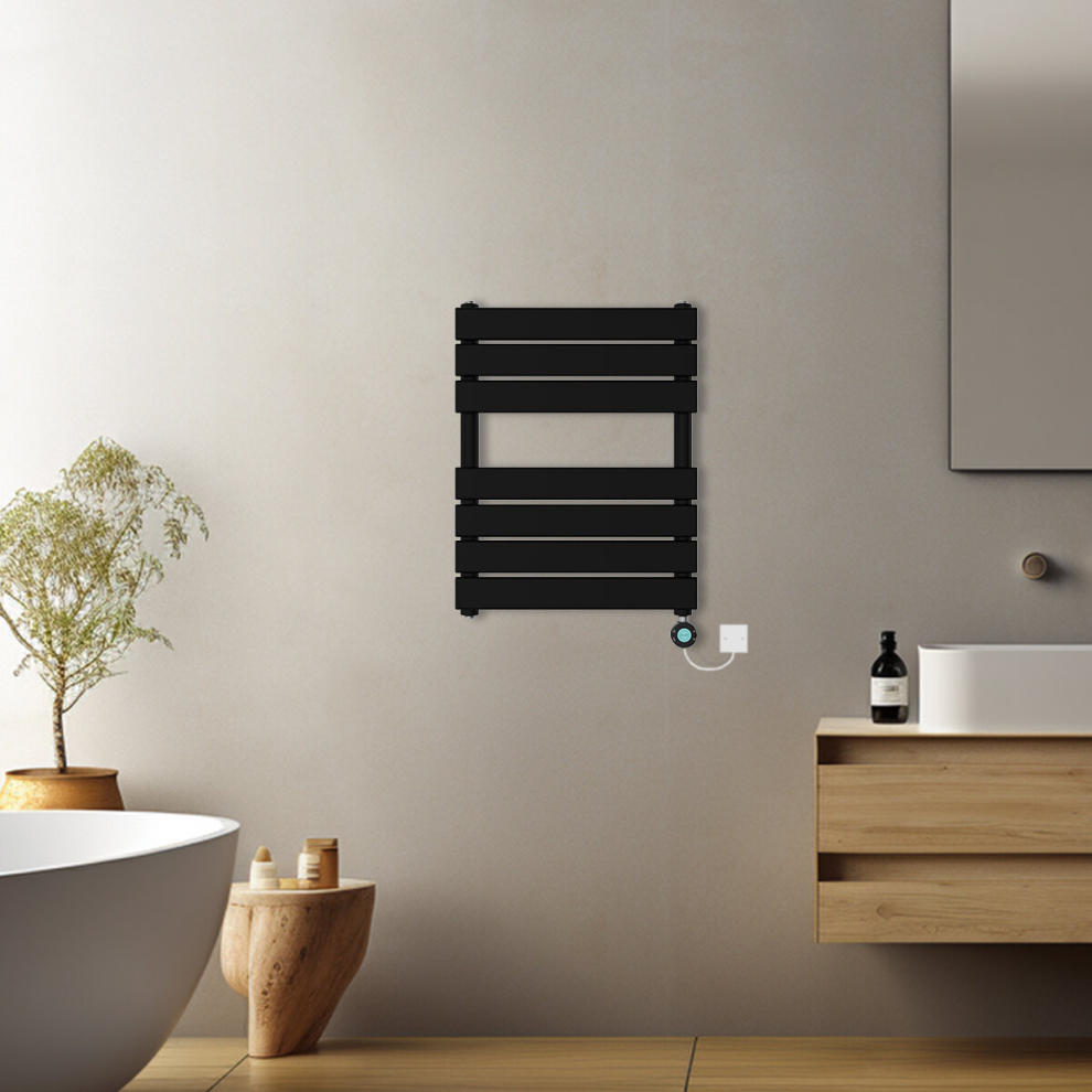 (Black, 650x500mm) Pre-filled Electric Heated Towel Rail Radiator Flat Panel Thermostatic