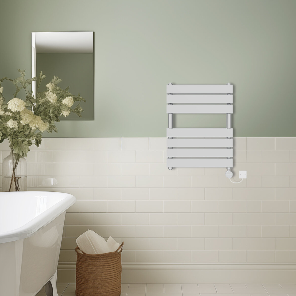 (Chrome, 650x500mm) Prefilled Thermostatic Electric Flat Panel Heated Towel Rail Ladder Warmer Radiator