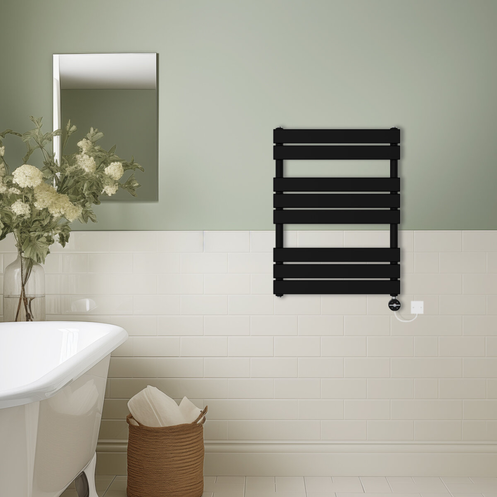 (Black, 800x600mm) Prefilled Thermostatic Electric Flat Panel Heated Towel Rail Ladder Warmer Radiator