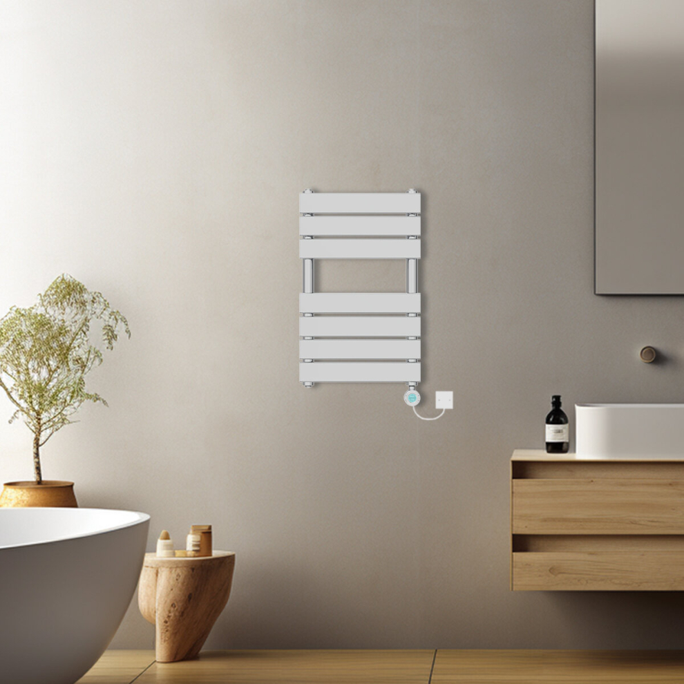 (Chrome, 650x400mm) Pre-filled Electric Heated Towel Rail Radiator Flat Panel Thermostatic