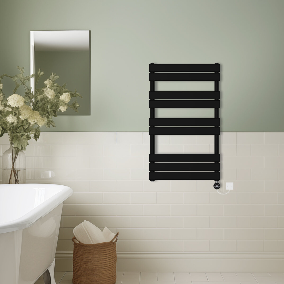 (Black, 1000x600mm) Prefilled Thermostatic Electric Flat Panel Heated Towel Rail Ladder Warmer Radiator