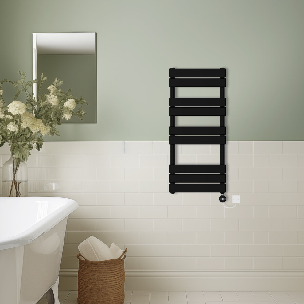 (Black, 1000x450mm) Prefilled Thermostatic Electric Flat Panel Heated Towel Rail Ladder Warmer Radiator