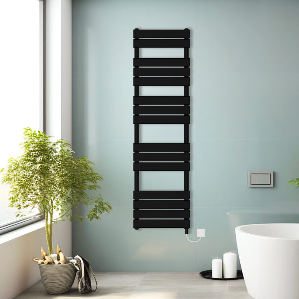 (Black, 1600x450mm) Prefilled Electric Heated Towel Rail Radiator Flat Panel Warmer Ladder