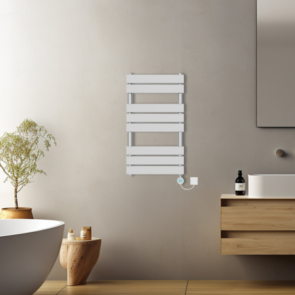 (Chrome, 800x450mm) Pre-filled Electric Heated Towel Rail Radiator Flat Panel Thermostatic