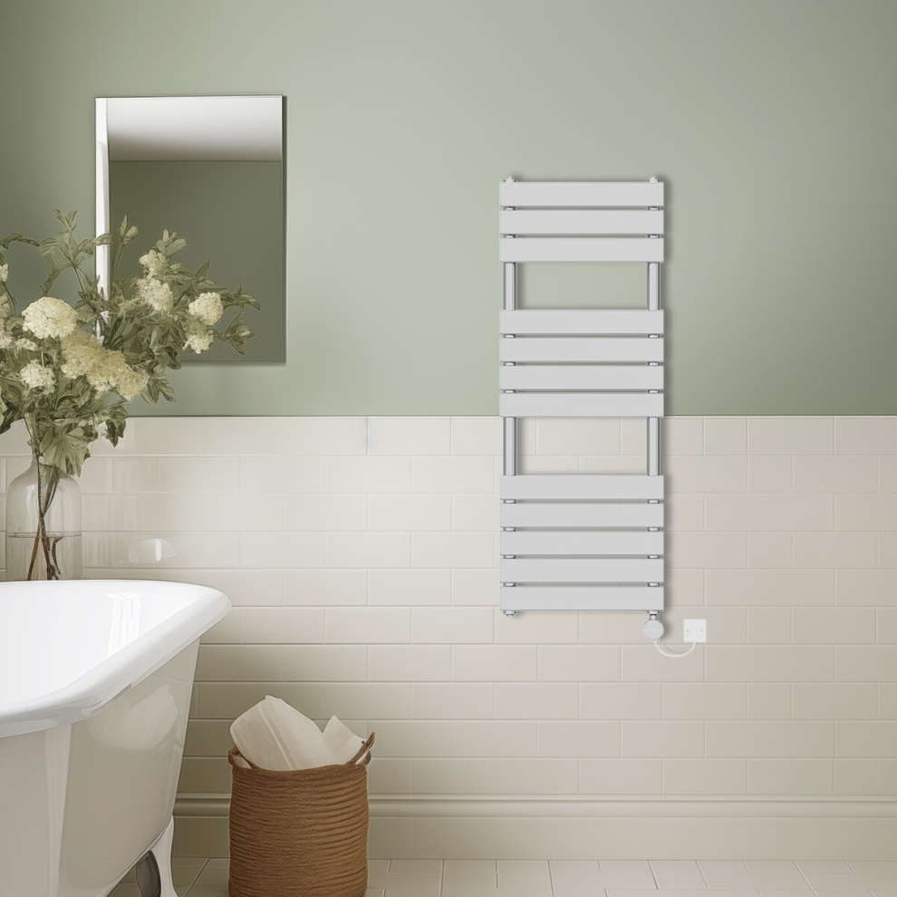 (Chrome, 1200x450mm) Prefilled Thermostatic Electric Flat Panel Heated Towel Rail Ladder Warmer Radiator