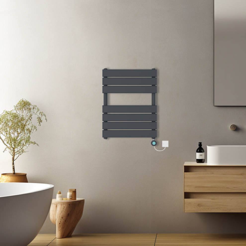 (Anthracite, 650x500mm) Pre-filled Electric Heated Towel Rail Radiator Flat Panel Thermostatic