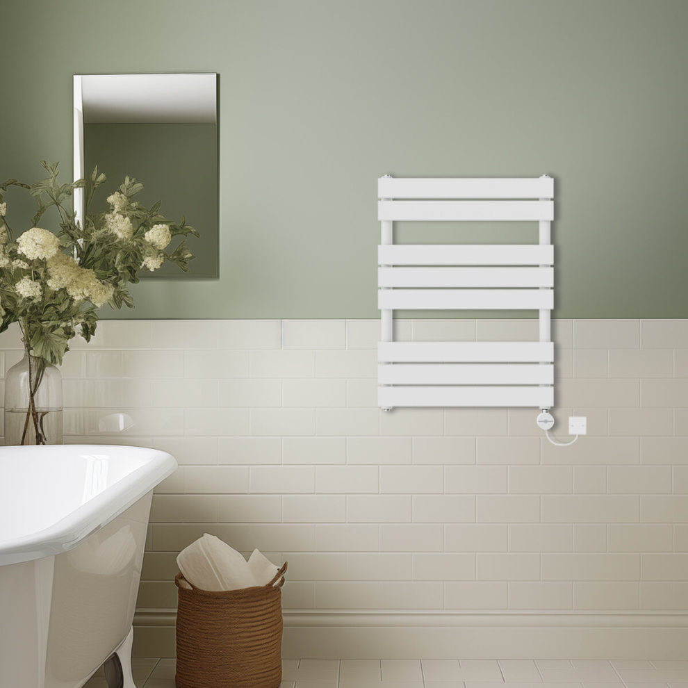 (White, 800x600mm) Prefilled Thermostatic Electric Flat Panel Heated Towel Rail Ladder Warmer Radiator