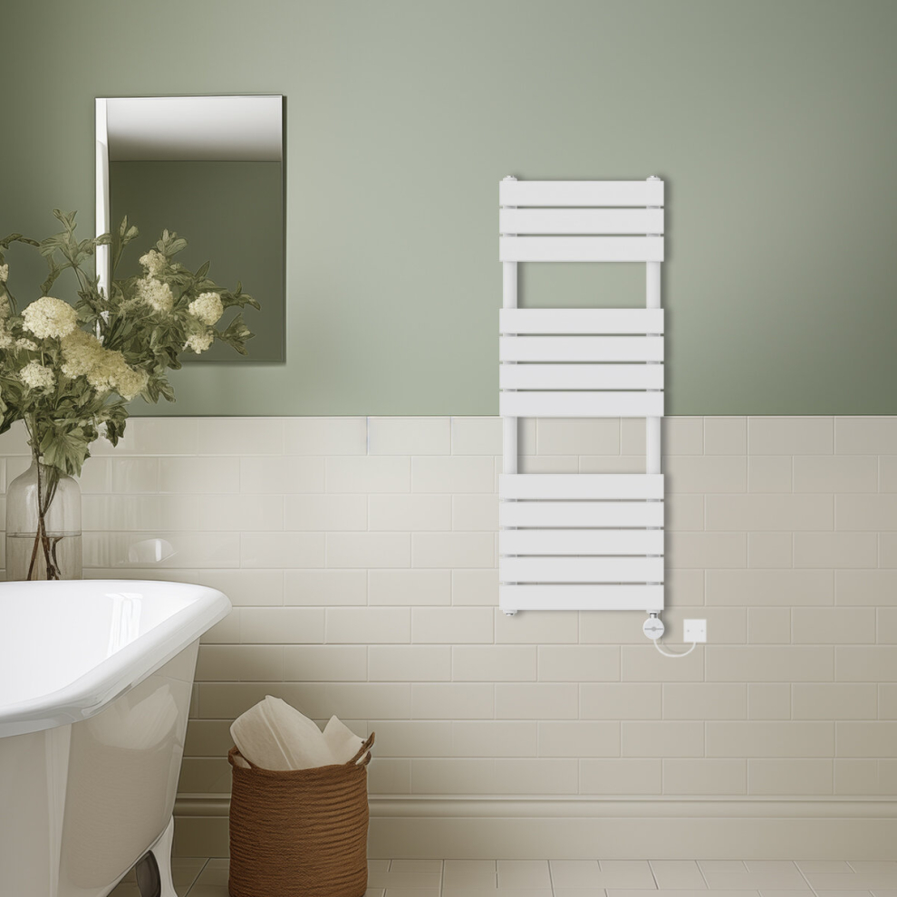 (White, 1200x450mm) Prefilled Thermostatic Electric Flat Panel Heated Towel Rail Ladder Warmer Radiator