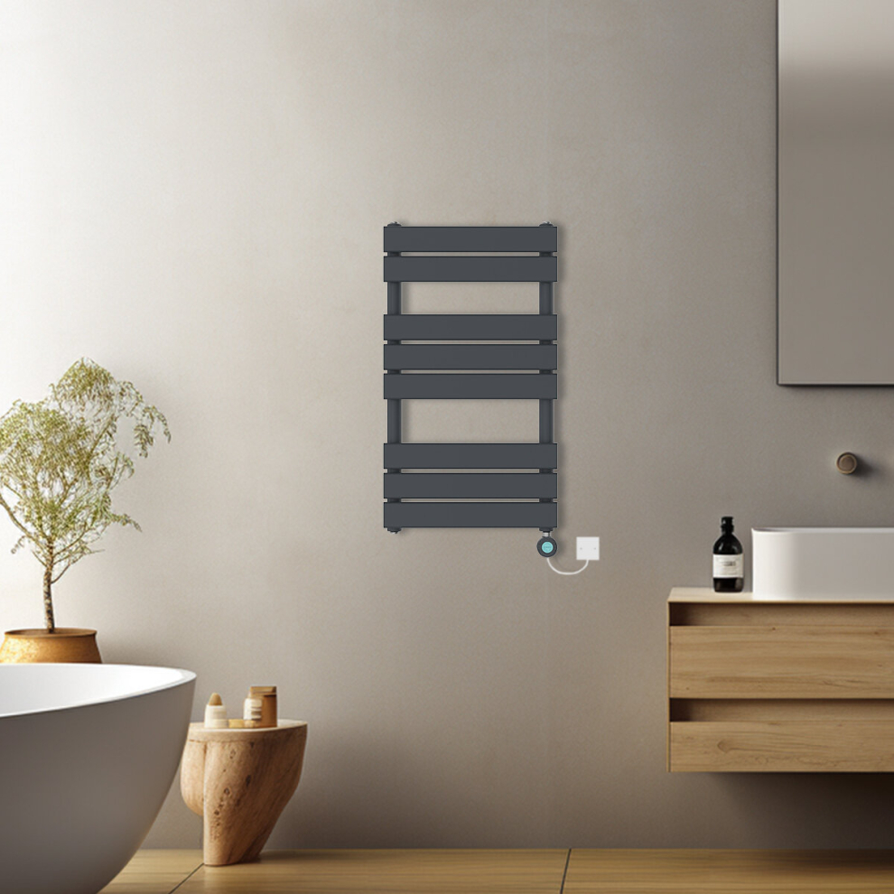 (Anthracite, 800x450mm) Pre-filled Electric Heated Towel Rail Radiator Flat Panel Thermostatic