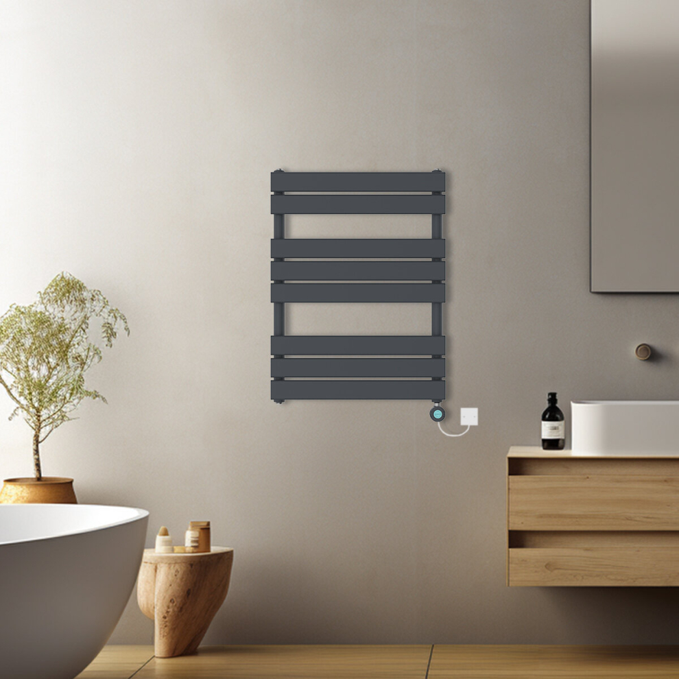 (Anthracite, 800x600mm) Pre-filled Electric Heated Towel Rail Radiator Flat Panel Thermostatic