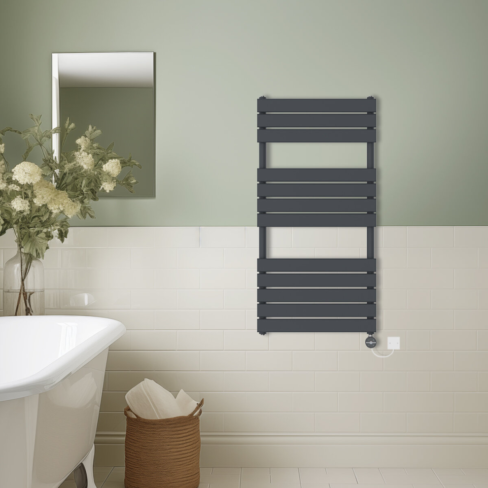 (Anthracite, 1200x600mm) Prefilled Thermostatic Electric Flat Panel Heated Towel Rail Ladder Warmer Radiator