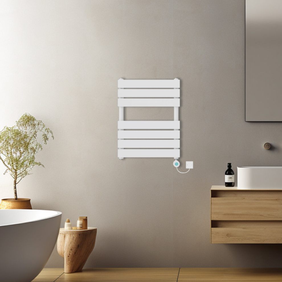 (White, 650x500mm) Prefilled Electric Flat Panel Heated Towel Rail Radiator Thermostatic WIFI