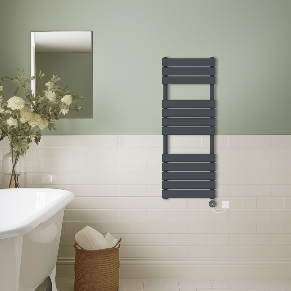 (Anthracite, 1200x450mm) Prefilled Thermostatic Electric Flat Panel Heated Towel Rail Ladder Warmer Radiator