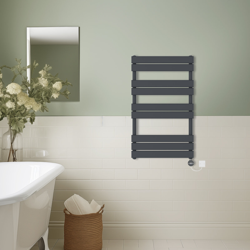 (Anthracite, 1000x600mm) Prefilled Thermostatic Electric Flat Panel Heated Towel Rail Ladder Warmer Radiator