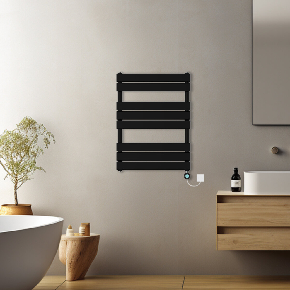 (Black, 800x600mm) Pre-filled Electric Heated Towel Rail Radiator Flat Panel Thermostatic