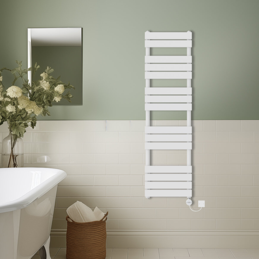 (White, 1600x450mm) Prefilled Thermostatic Electric Flat Panel Heated Towel Rail Ladder Warmer Radiator