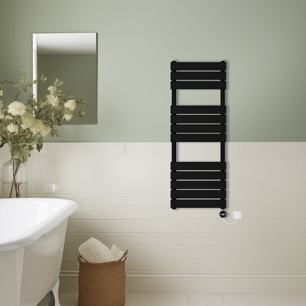 (Black, 1200x450mm) Prefilled Thermostatic Electric Flat Panel Heated Towel Rail Ladder Warmer Radiator