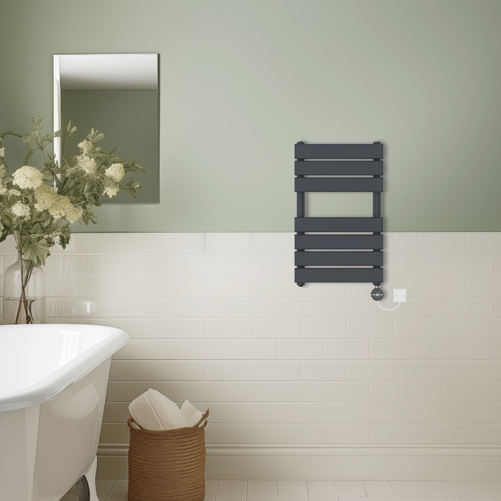 (Anthracite, 650x400mm) Prefilled Thermostatic Electric Flat Panel Heated Towel Rail Ladder Warmer Radiator