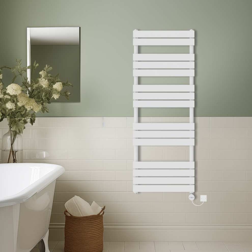 (White, 1600x600mm) Prefilled Thermostatic Electric Flat Panel Heated Towel Rail Ladder Warmer Radiator