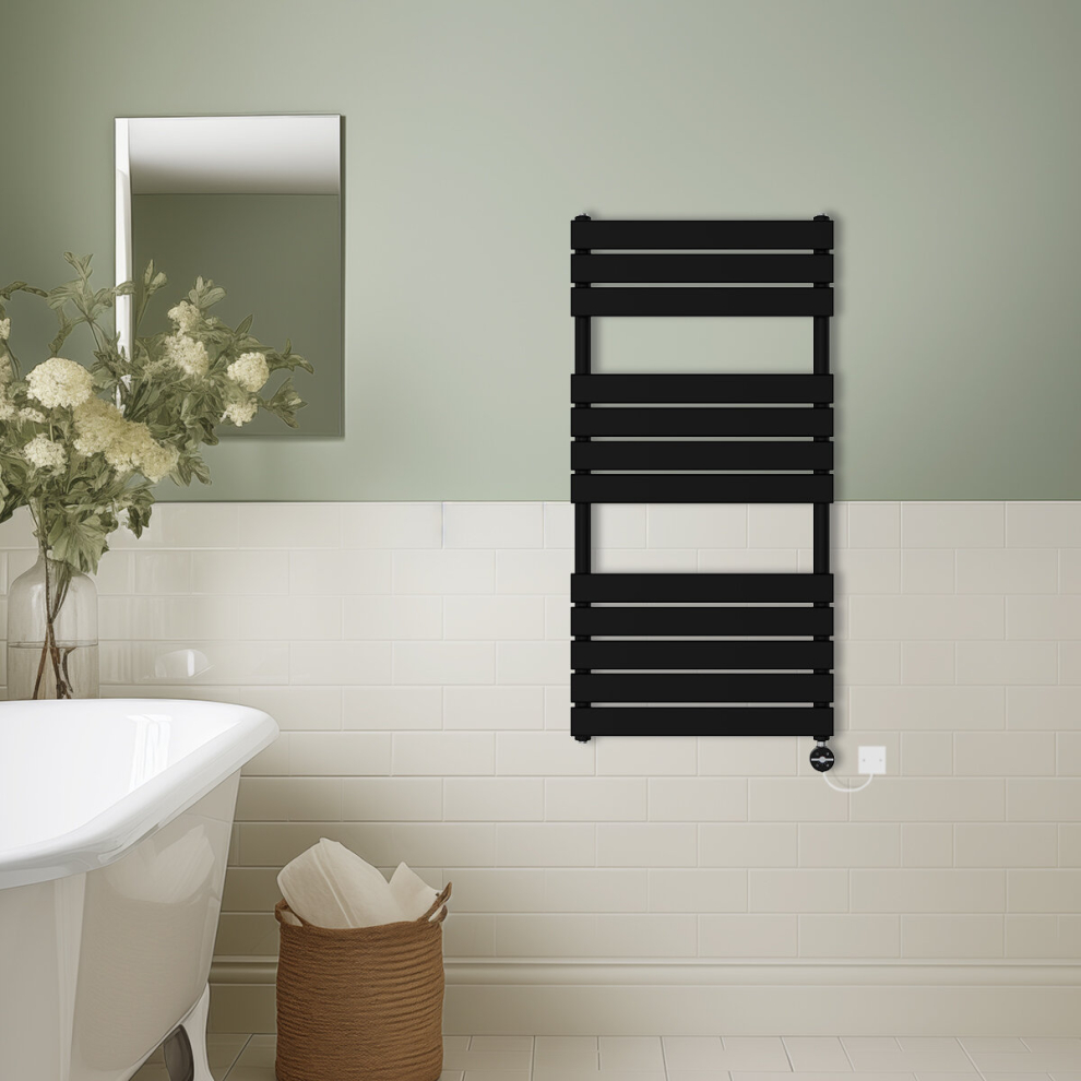 (Black, 1200x600mm) Prefilled Thermostatic Electric Flat Panel Heated Towel Rail Ladder Warmer Radiator