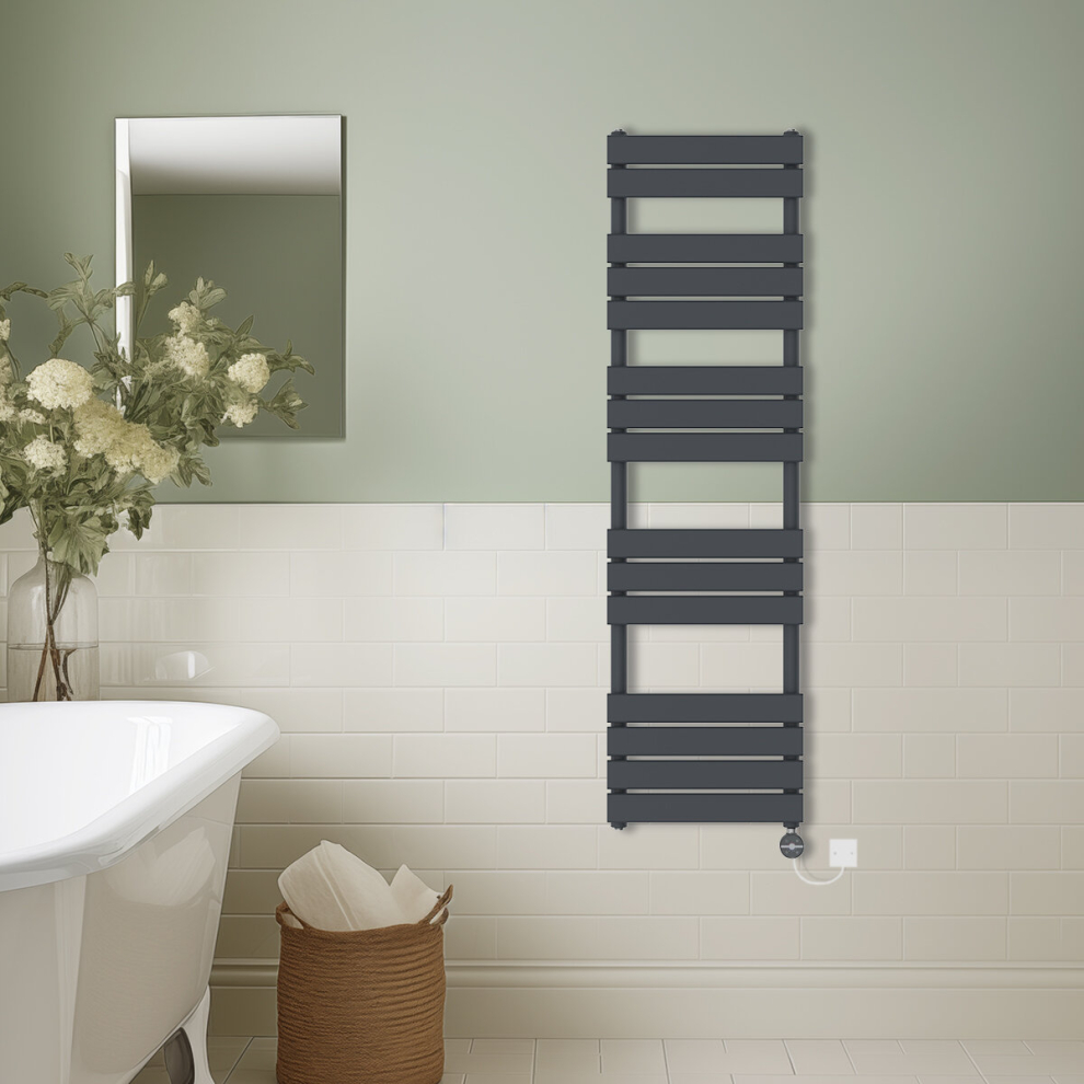 (Anthracite, 1600x450mm) Prefilled Thermostatic Electric Flat Panel Heated Towel Rail Ladder Warmer Radiator