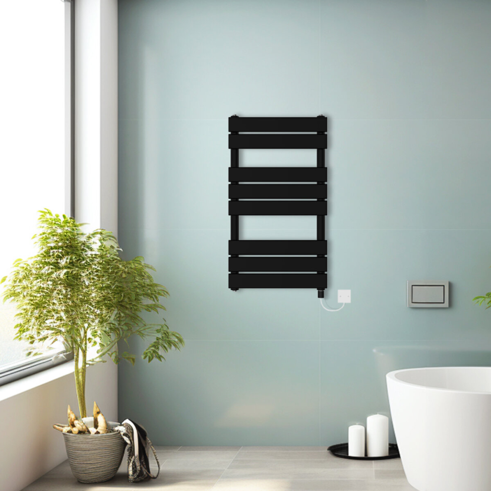 (Black, 800x450mm) Prefilled Electric Heated Towel Rail Radiator Flat Panel Warmer Ladder