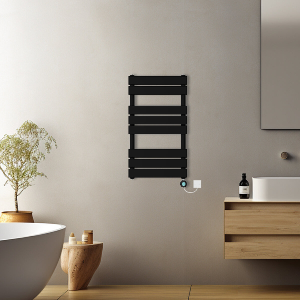 (Black, 800x450mm) Prefilled Electric Flat Panel Heated Towel Rail Radiator Thermostatic WIFI