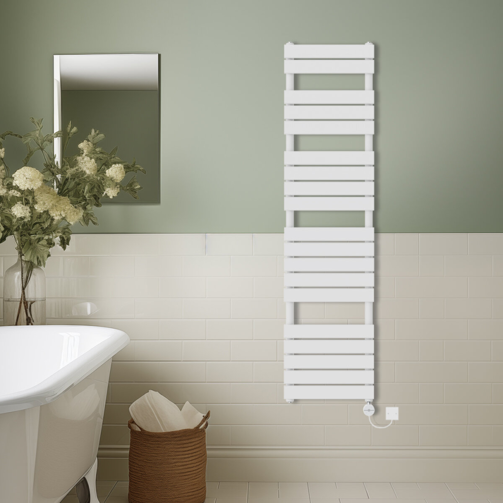 (White, 1800x450mm) Prefilled Thermostatic Electric Flat Panel Heated Towel Rail Ladder Warmer Radiator