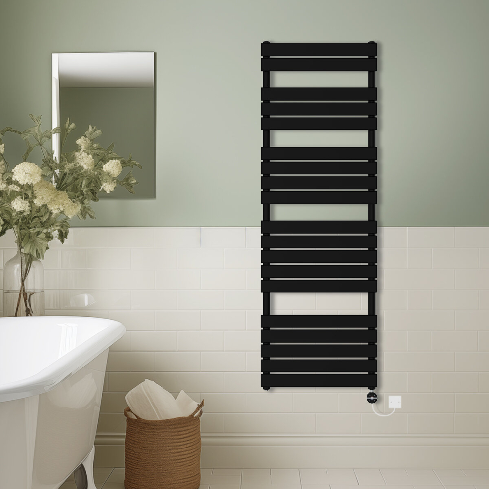 (Black, 1800x600mm) Prefilled Thermostatic Electric Flat Panel Heated Towel Rail Ladder Warmer Radiator