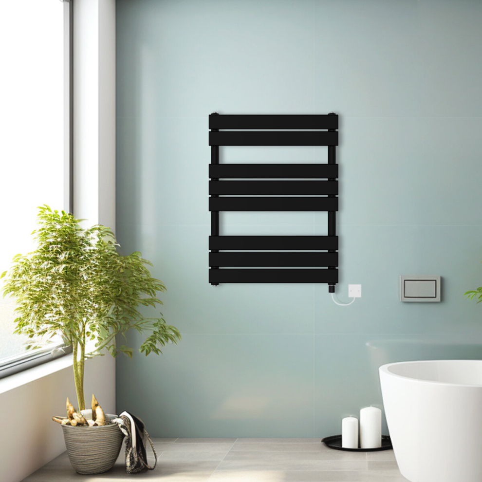 (Black, 800x600mm) Prefilled Electric Heated Towel Rail Radiator Flat Panel Warmer Ladder