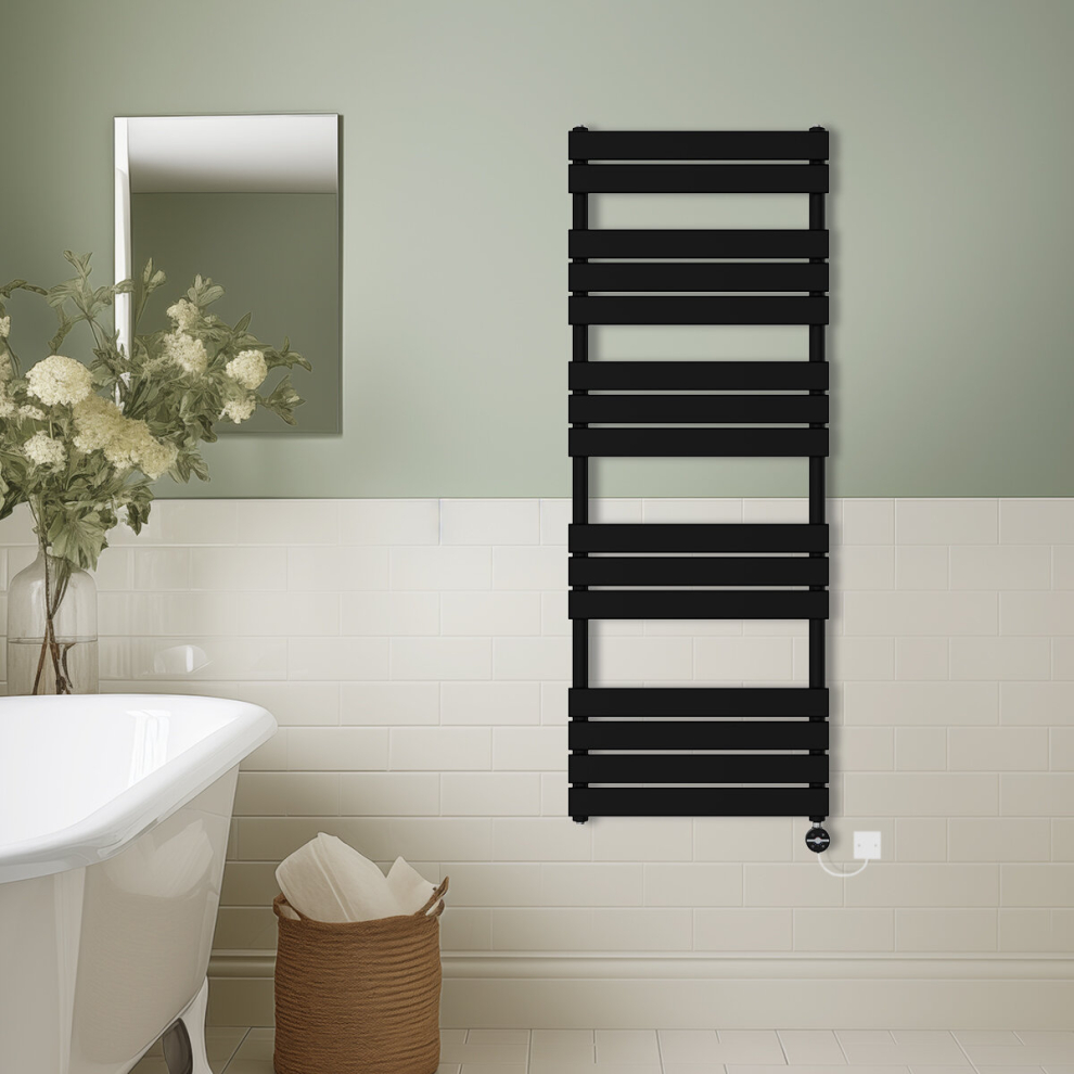 (Black, 1600x600mm) Prefilled Thermostatic Electric Flat Panel Heated Towel Rail Ladder Warmer Radiator