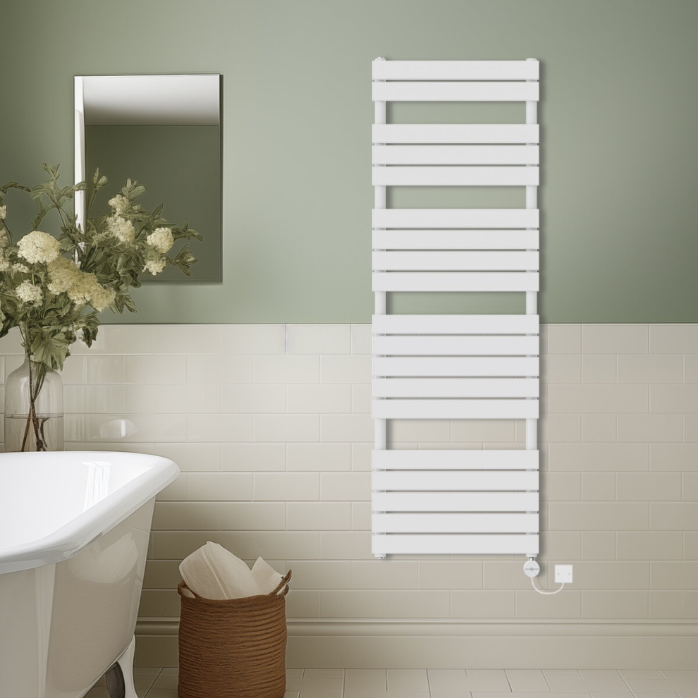 (White, 1800x600mm) Prefilled Thermostatic Electric Flat Panel Heated Towel Rail Ladder Warmer Radiator