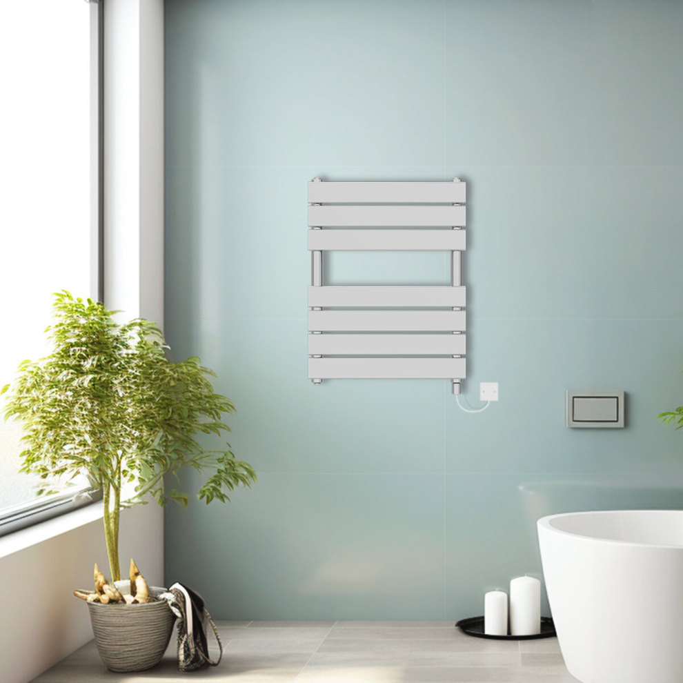 (Chrome, 650x500mm) Prefilled Electric Heated Towel Rail Radiator Flat Panel Warmer Ladder