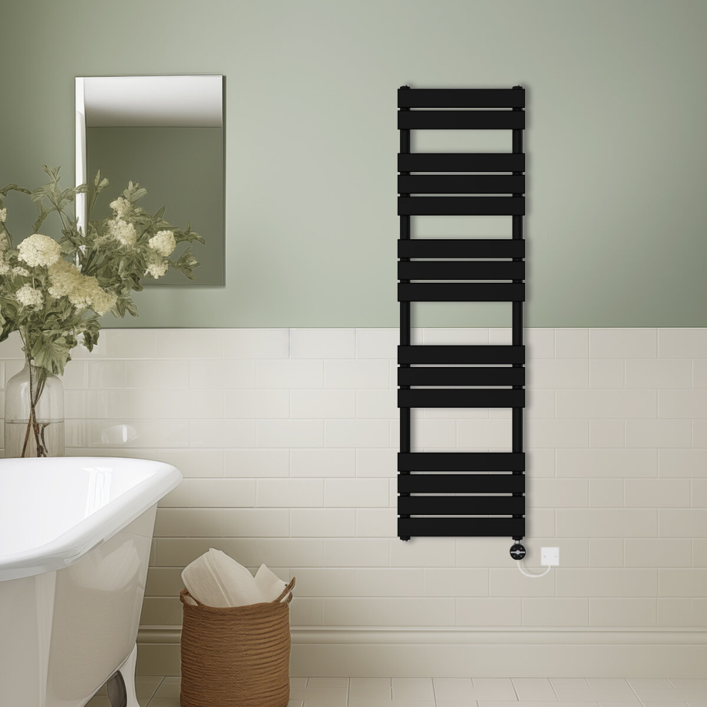 (Black, 1600x450mm) Prefilled Thermostatic Electric Flat Panel Heated Towel Rail Ladder Warmer Radiator