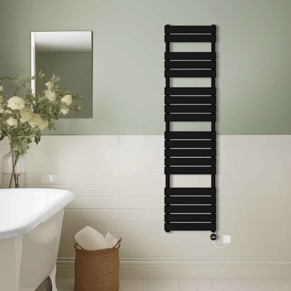 (Black, 1800x450mm) Prefilled Thermostatic Electric Flat Panel Heated Towel Rail Ladder Warmer Radiator